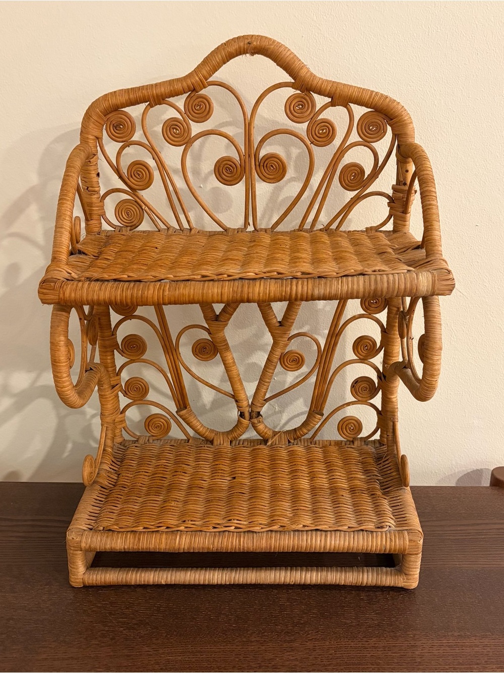 Vintage Boho Rattan Wall Shelf – 70s Wicker 2-Tier Display Unit 14x20